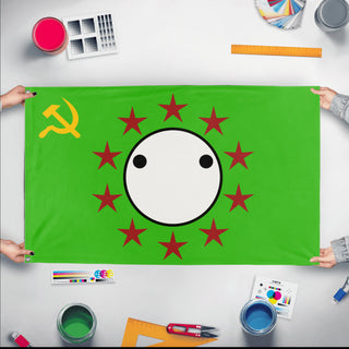 A mockup of the custom flag 'Jimmiestan flag' held up on a table during print checking