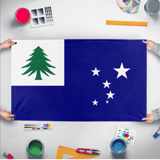 A mockup of the custom flag 'New England flag' held up on a table during print checking