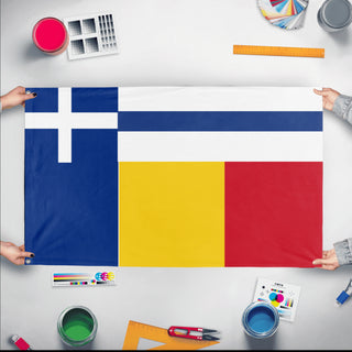 A mockup of the custom flag 'Romania+Greece herritage flag' held up on a table during print checking