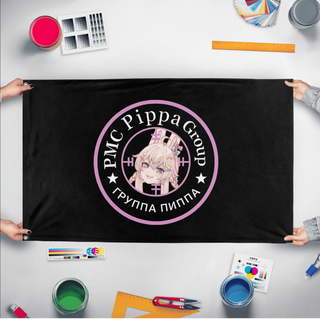 A mockup of the custom flag 'Pippa Group flag' held up on a table during print checking