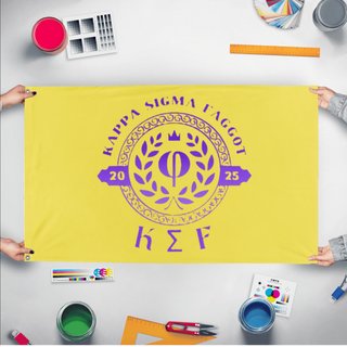 A mockup of the custom flag 'ksf flag' held up on a table during print checking