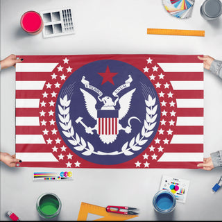 A mockup of the custom flag 'USSA flag' held up on a table during print checking