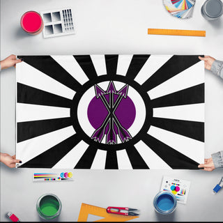 A mockup of the custom flag 'Imperium of Abyssinia  flag' held up on a table during print checking