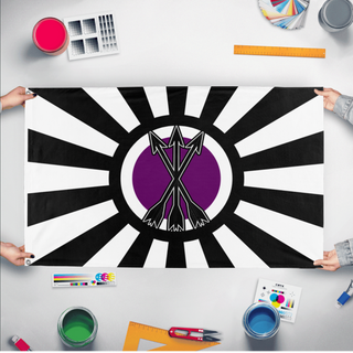 A mockup of the custom flag 'flag of the chosen  flag' held up on a table during print checking