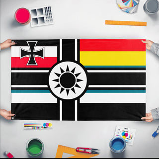 A mockup of the custom flag 'German colony of China flag' held up on a table during print checking