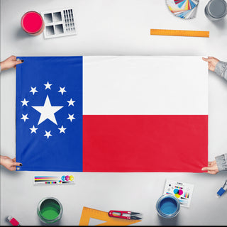 A mockup of the custom flag 'United States of Texas flag' held up on a table during print checking