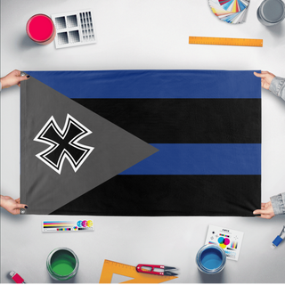 A mockup of the custom flag 'Paronese empire flag' held up on a table during print checking
