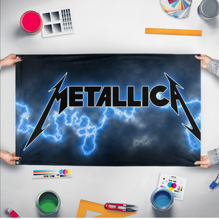 A mockup of the custom flag 'metallica flag' held up on a table during print checking