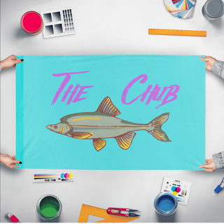 A mockup of the custom flag 'fish flag' held up on a table during print checking