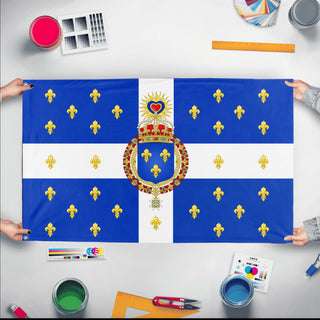 A mockup of the custom flag 'Kingdom of France flag' held up on a table during print checking