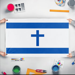 A mockup of the custom flag 'True Israel  flag' held up on a table during print checking
