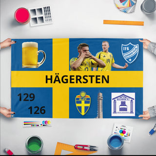 A mockup of the custom flag 'sverige flag' held up on a table during print checking