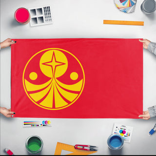 A mockup of the custom flag 'Galactic Empire 2x3ft flag' held up on a table during print checking