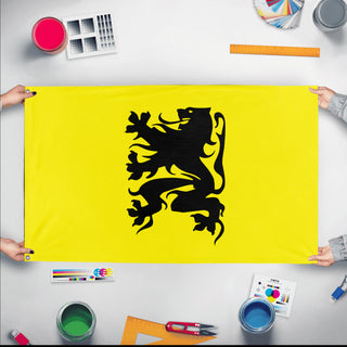 A mockup of the custom flag 'test1 flag' held up on a table during print checking