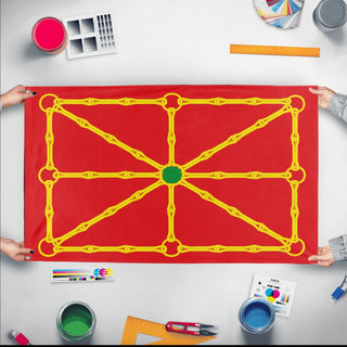 A mockup of the custom flag 'test4 flag' held up on a table during print checking