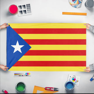 A mockup of the custom flag 'test5 flag' held up on a table during print checking