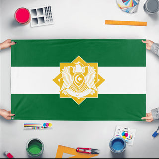 A mockup of the custom flag 'test7 flag' held up on a table during print checking