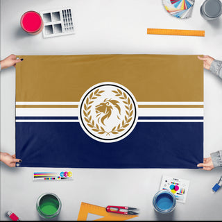 A mockup of the custom flag 'The SSHS flag' held up on a table during print checking