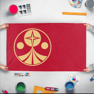 A mockup of the custom flag 'Paler Galactic Empire flag' held up on a table during print checking