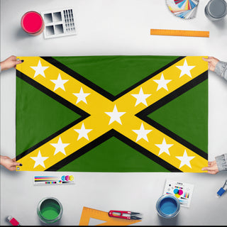 A mockup of the custom flag 'Rebel Jamaica  flag' held up on a table during print checking