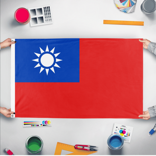 A mockup of the custom flag 'Republic of China flag' held up on a table during print checking