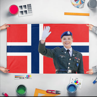 A mockup of the custom flag 'Norge flagg m/ingrid aleksandria flag' held up on a table during print checking
