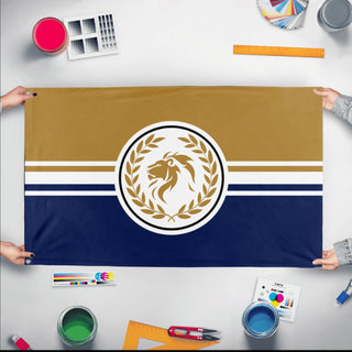 A mockup of the custom flag 'sshs flag' held up on a table during print checking