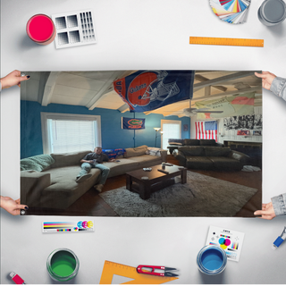 A mockup of the custom flag 'LivingRoom flag' held up on a table during print checking