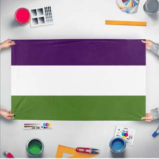 A mockup of the custom flag 'Velaria flag' held up on a table during print checking