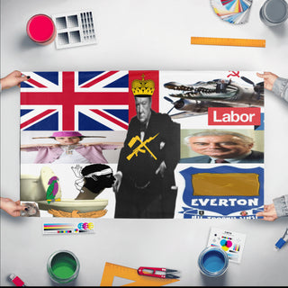 A mockup of the custom flag 'Party flag' held up on a table during print checking