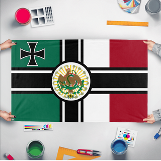 A mockup of the custom flag 'Mexico imperialist  flag' held up on a table during print checking