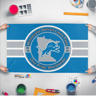 A mockup of the custom flag 'Minnesota Detroit Lions Fans Flag' held up on a table during print checking