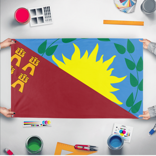 A mockup of the custom flag 'murcia buenos aires  flag' held up on a table during print checking