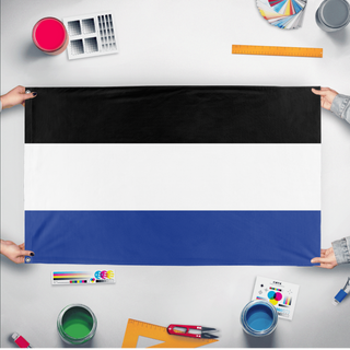 A mockup of the custom flag 'Kingdom of Lausin flag' held up on a table during print checking