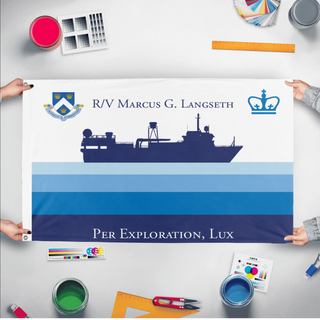 A mockup of the custom flag 'MGL Expedition Flag' held up on a table during print checking