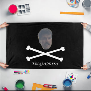 A mockup of the custom flag 'FFA Belgrade Flag' held up on a table during print checking