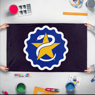 A mockup of the custom flag 'Flag of Star Serpent flag' held up on a table during print checking