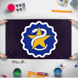 A mockup of the custom flag 'Flag of Star Serpent flag' held up on a table during print checking