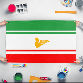 A mockup of the custom flag 'Republic of  Persia  flag' held up on a table during print checking