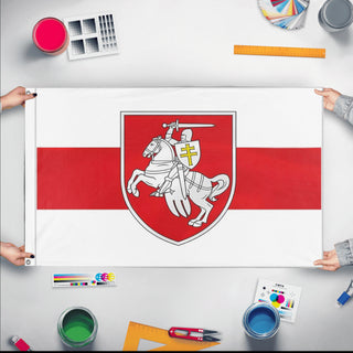 A mockup of the custom flag 'White Belarus flag' held up on a table during print checking