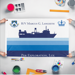 A mockup of the custom flag 'MGL Expedition flag' held up on a table during print checking