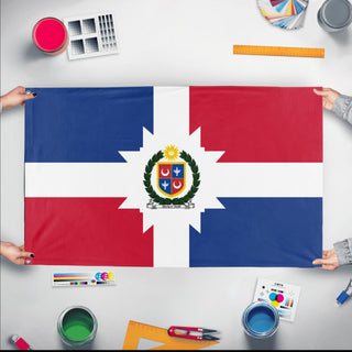 A mockup of the custom flag 'war flag' held up on a table during print checking
