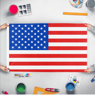 A mockup of the custom flag 'United States flag' held up on a table during print checking