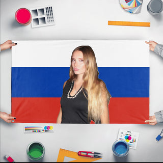 A mockup of the custom flag 'Ava flag' held up on a table during print checking