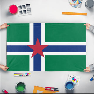 A mockup of the custom flag 'northern caforn flag' held up on a table during print checking