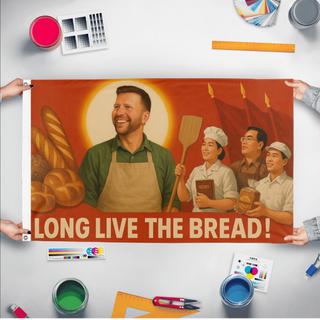 A mockup of the custom flag 'EZPeoplesBreadRepublic flag' held up on a table during print checking