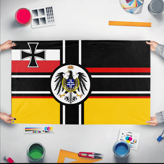 A mockup of the custom flag 'Second German Empire  flag' held up on a table during print checking