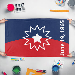 A mockup of the custom flag 'Juneteenth flag' held up on a table during print checking