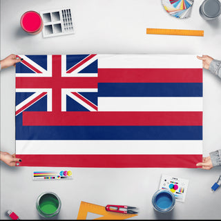 A mockup of the custom flag 'Hawaii State Flag' held up on a table during print checking