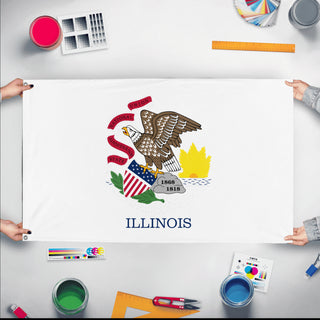 A mockup of the custom flag 'Illinois State Flag' held up on a table during print checking